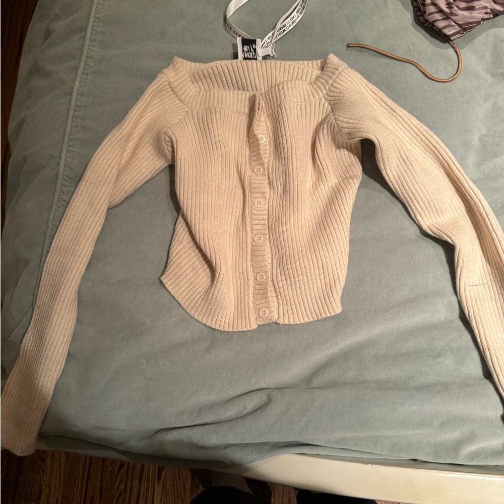 Beige Off-Shoulder Button-Up Sweater